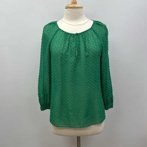 J. Crew Swiss Dot Sheer Chiffon 3/4 Sleeve Keyhole Blouse Green 2 - Picture 1 of 8
